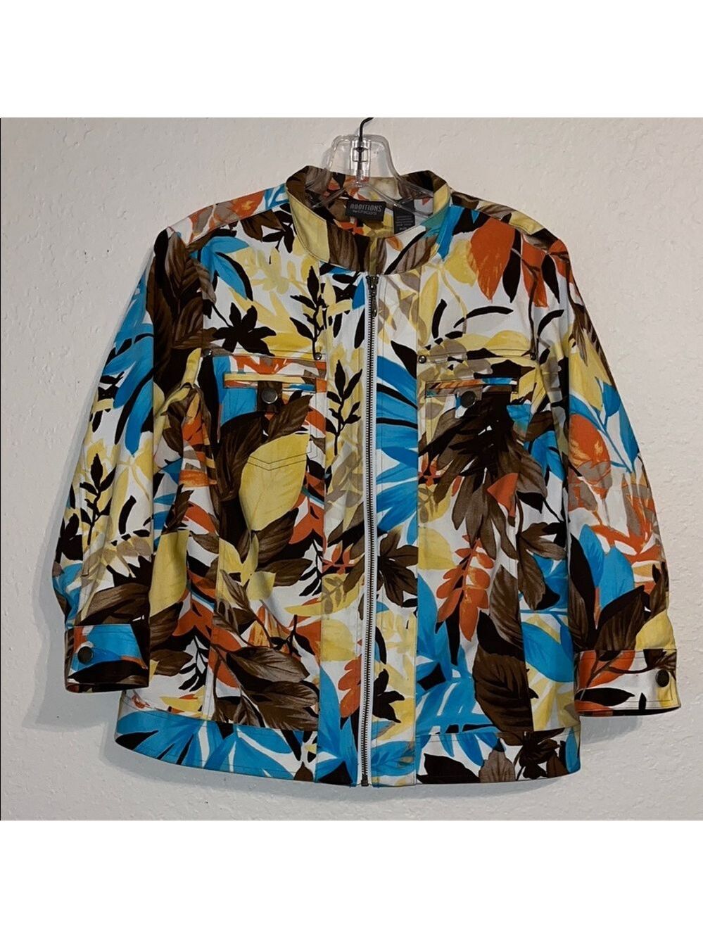 Vintage Jean Jacket Chico’s Colorful Hawaii Floral Yellow Nature boho